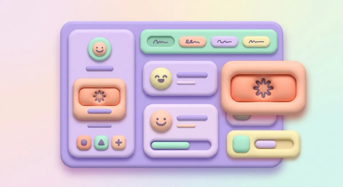 A kids-app interface where every card and button looks sculpted from soft clay: puffy shapes in lavender, peach and mint with tinted shadows.