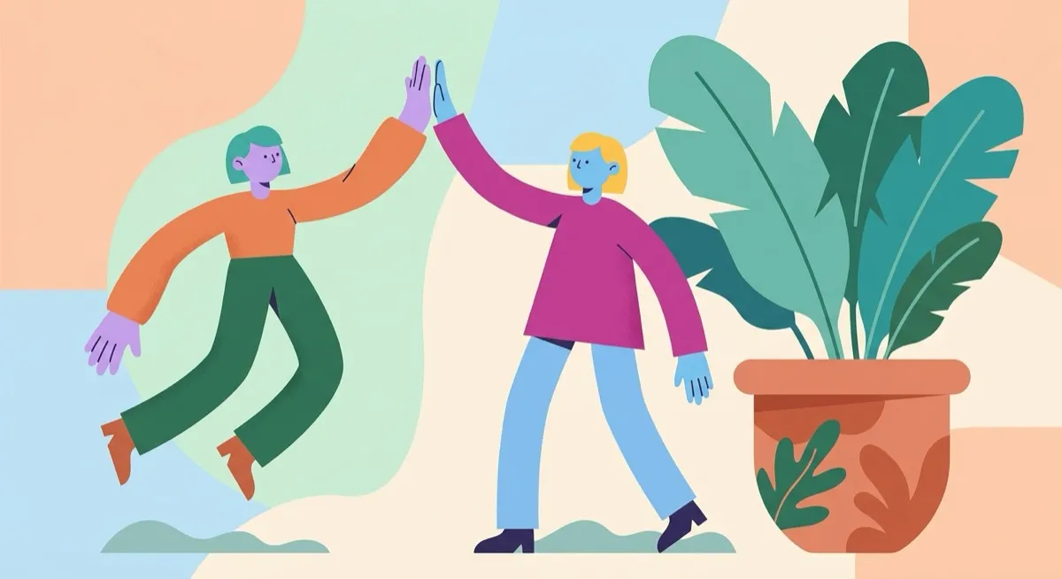 Two flat cartoon figures with elastic oversized limbs, small heads and purple and blue skin, high-fiving beside an oversized plant.