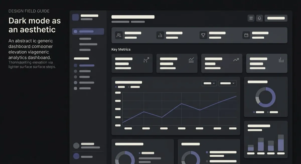 A dark analytics dashboard: near-black ground, cards in progressively lighter charcoal steps, soft off-white text, one desaturated indigo chart line.