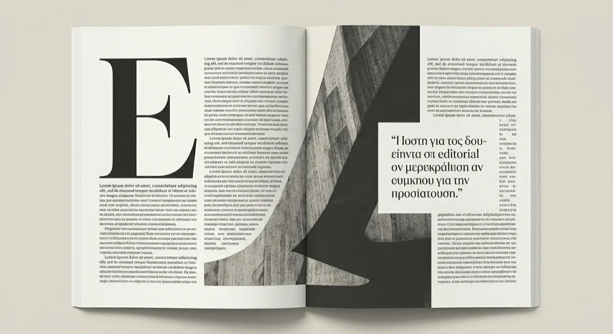 An open magazine spread: three columns of greeked grey text, an enormous high-contrast serif drop cap, a pull quote breaking the column flow.