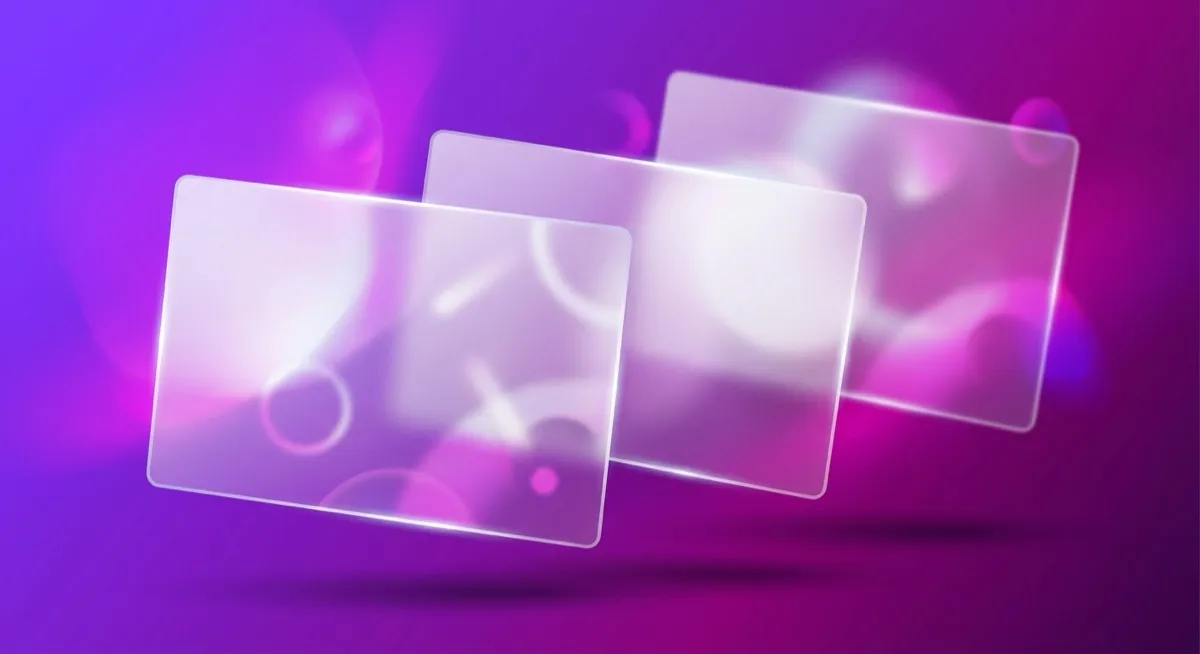 Three frosted-glass panels floating at different depths over a violet-to-magenta gradient, background shapes blurring through each pane.
