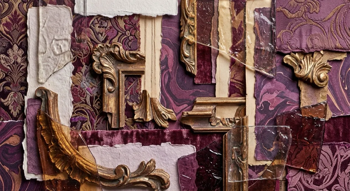 A dense layered composition: torn paper over patterned silk over grainy velvet, gilded Baroque fragments, glass shards, jewel purple and gold.