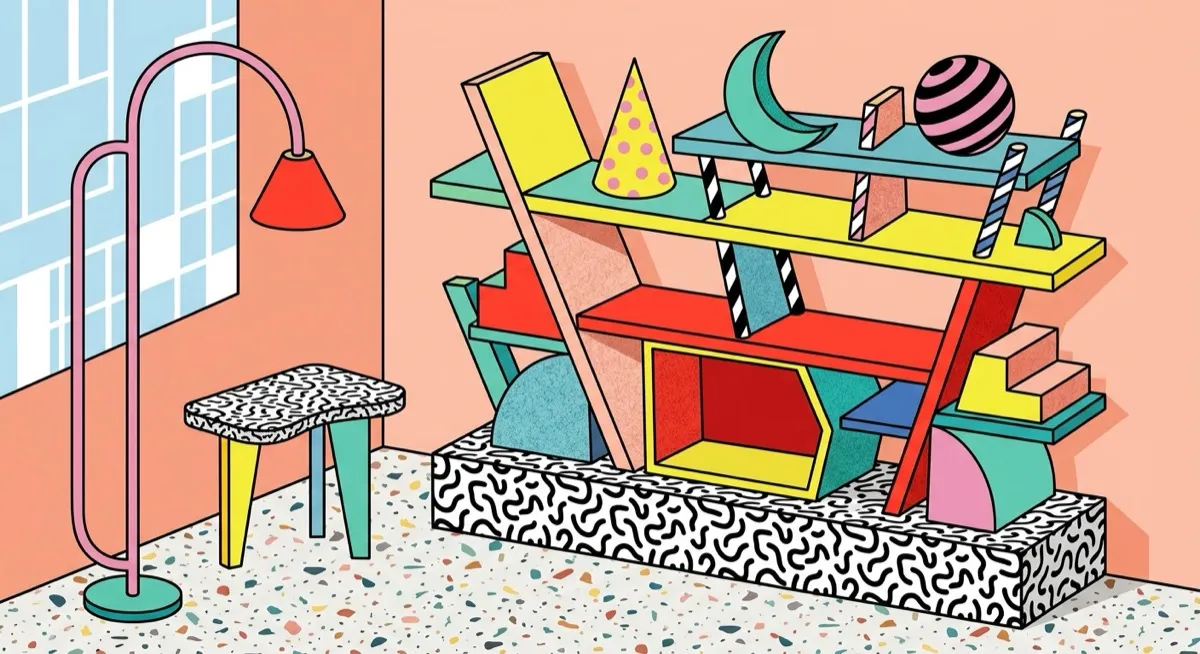 A 1980s Milano-style furniture vignette: clashing geometric shelving in yellow, red, teal and pink on a squiggle-patterned base, terrazzo floor.