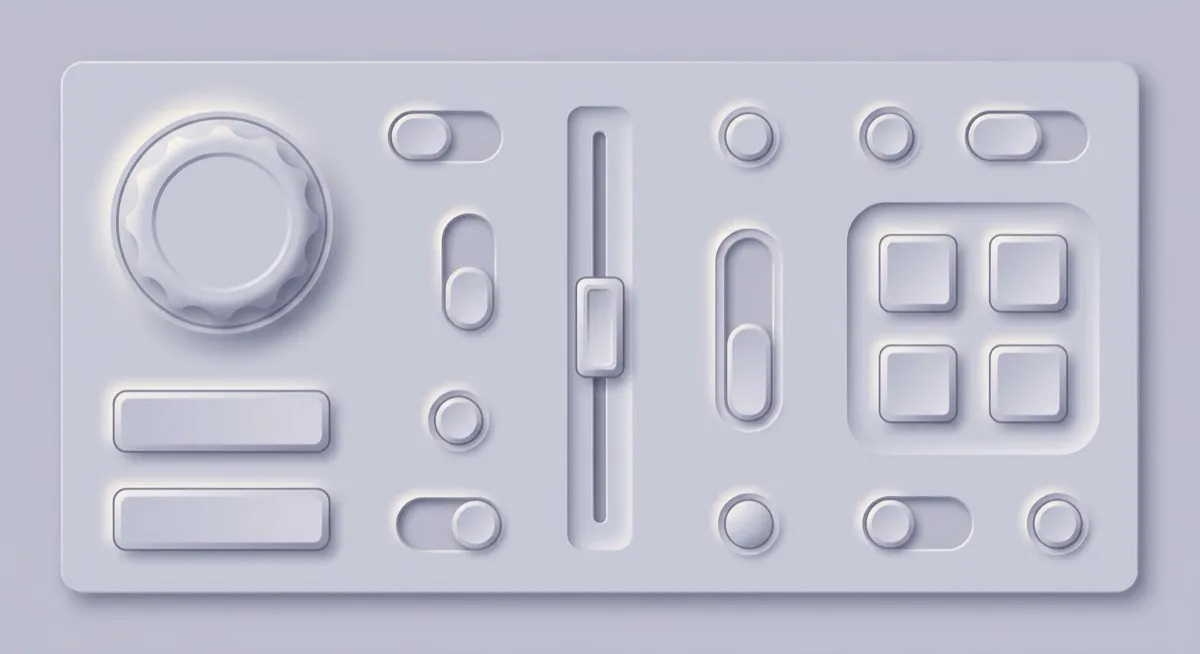A pale monochrome control panel where every dial and button is the exact colour of the background, visible only through soft dual shadows.