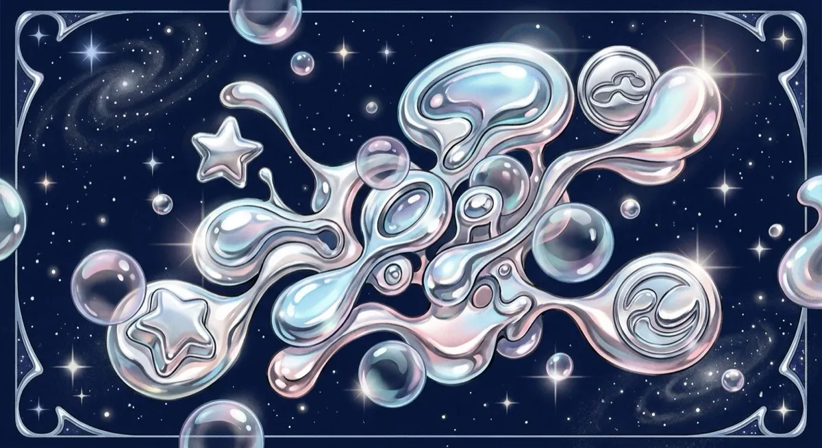 Liquid-chrome blobs and glossy bubbles over a navy starfield – the optimistic millennium-future look.