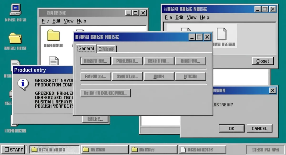 A mid-90s style desktop: teal ground, overlapping silver dialog windows with bevelled edges and navy gradient title bars, pixel icons.