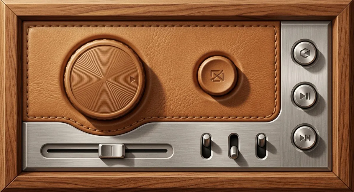 A music-player interface rendered as physical materials: a leather-textured dial, brushed-metal buttons with bevelled edges, consistent top-left light.