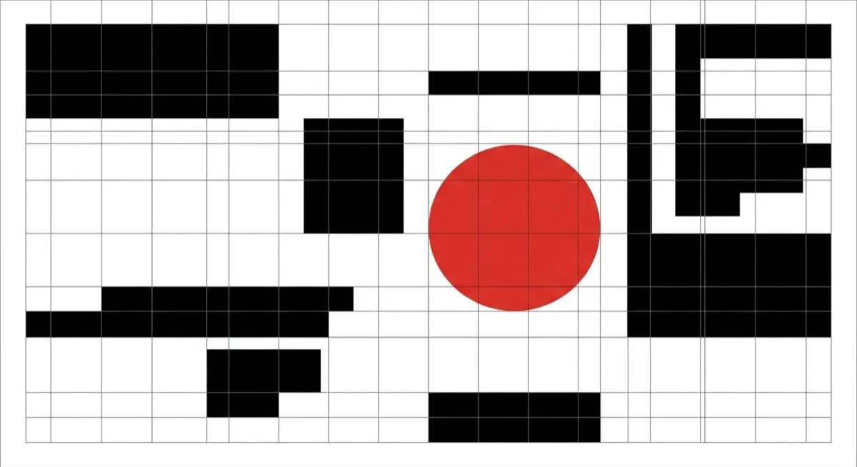 An abstract Swiss-style poster: visible modular grid lines, asymmetric black blocks, one large red circle on white.