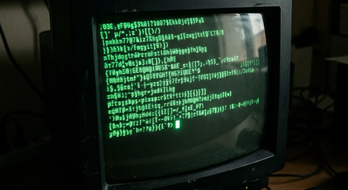 A curved CRT monitor glowing phosphor green in a dark room: rows of blurred green glyphs, visible scanlines and screen curvature, one block cursor.