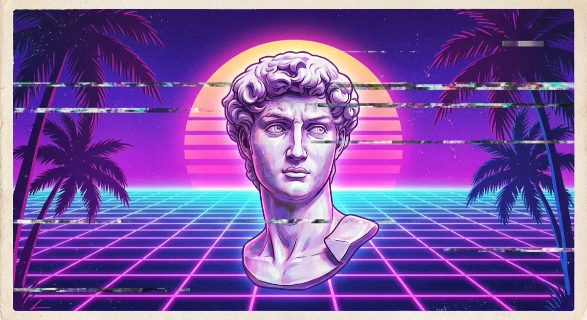 A classical marble bust before a neon sunset over a glowing perspective grid, palm silhouettes, VHS glitch bands.