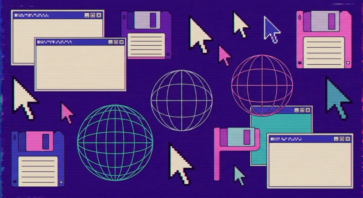 A collage of 1990s computer iconography in vaporwave colours: dialog windows, floppy disks, pixel cursors and wireframe globes over violet scanlines.