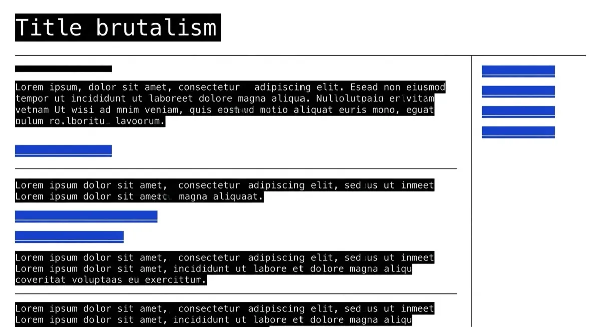A stark page as raw material: black monospace-feel text blocks on white, hard 1px rules, underlined default-blue links, no decoration.